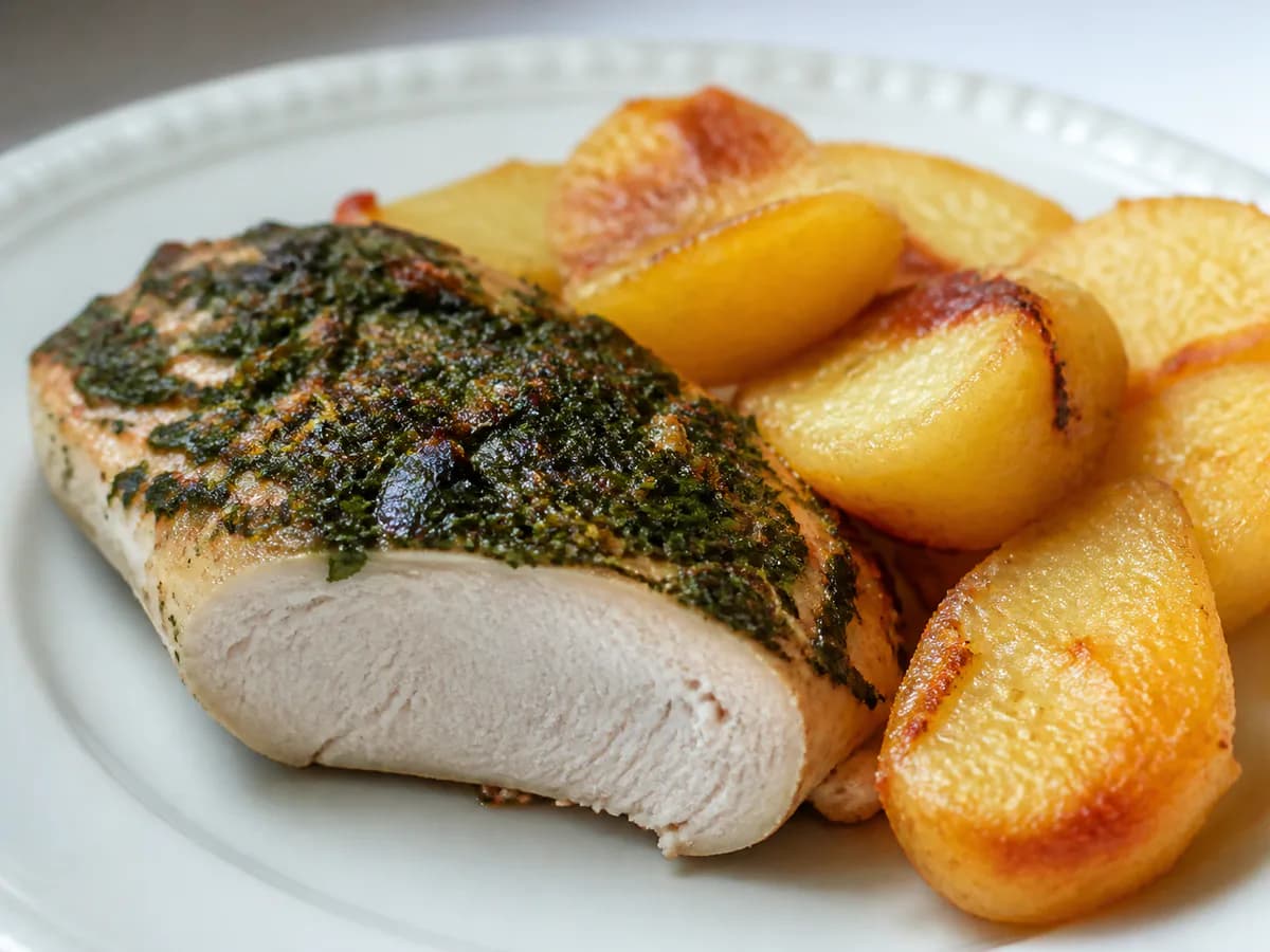 Pormenor de uma porção de Bifes de Peru Grelhados com Crosta de Coentros e Batatas Douradas