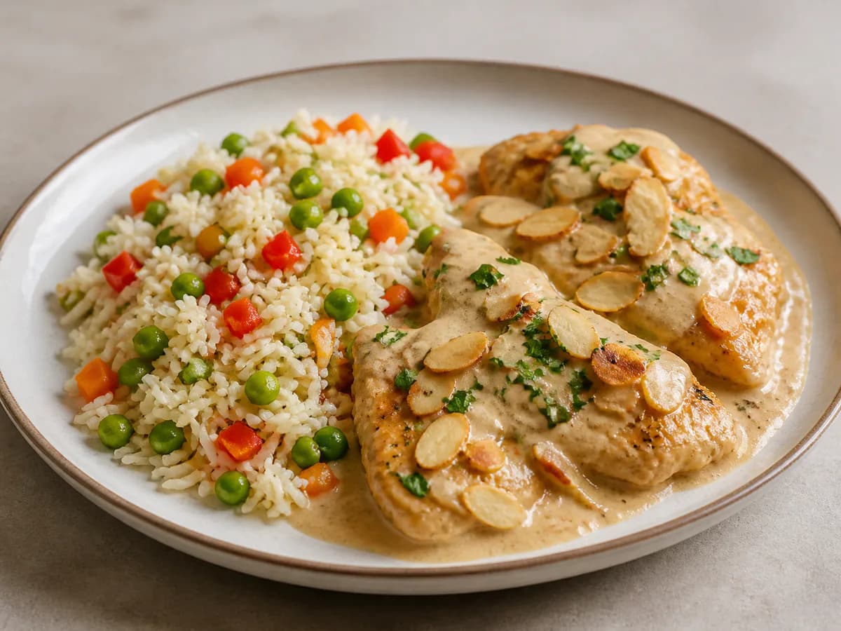 Bifinhos de Frango com Amêndoa e Arroz Primavera