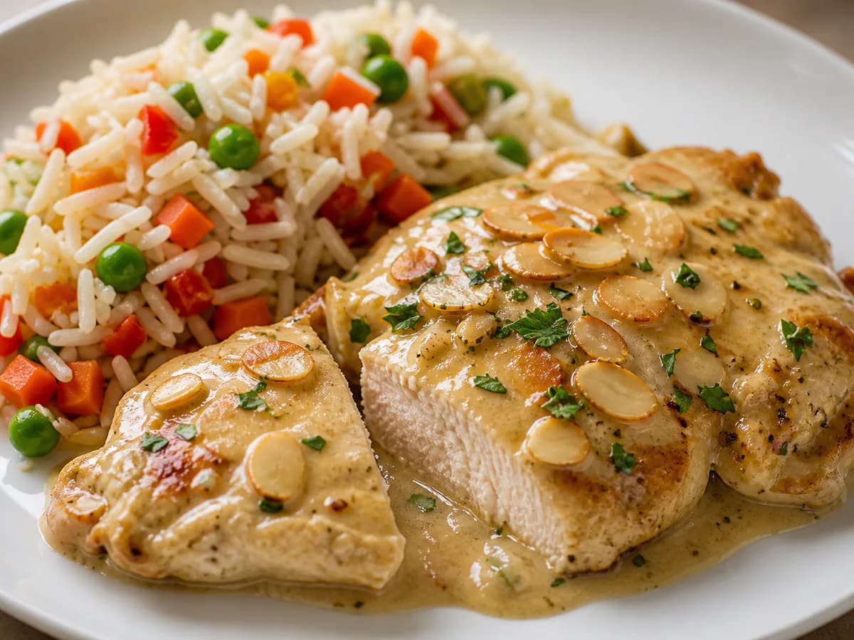 Pormenor de uma porção de Bifinhos de Frango com Amêndoa e Arroz Primavera