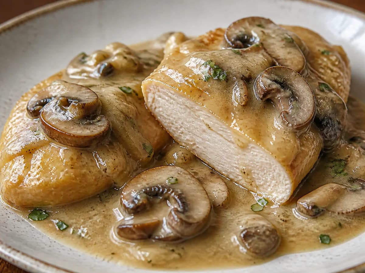 Pormenor de uma porção de Bifinhos de Frango em Molho de Cogumelos