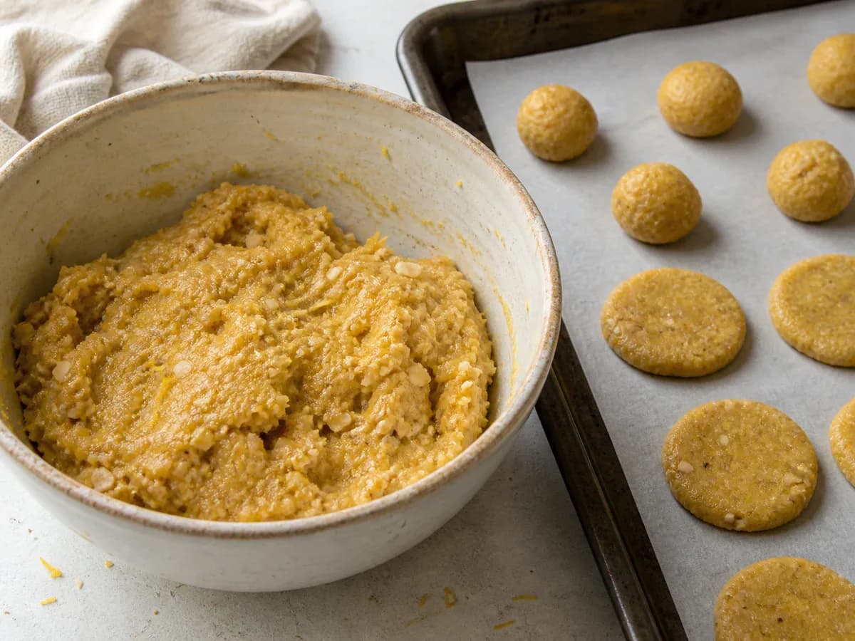 Preparação de Biscoitos de Batata Doce com Amêndoa durante a confeção