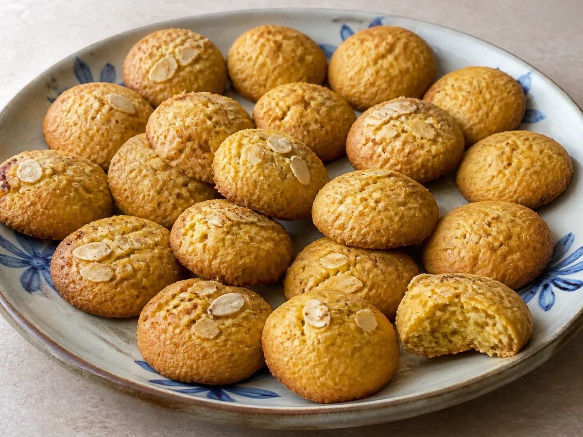 Pormenor de uma porção de Biscoitos de Batata Doce com Amêndoa