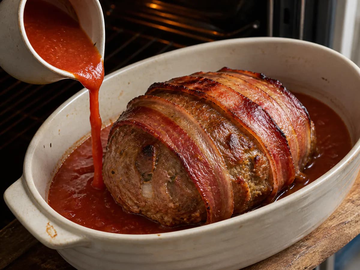 Preparação de Bola de Carne Picada com Bacon no Forno durante a confeção
