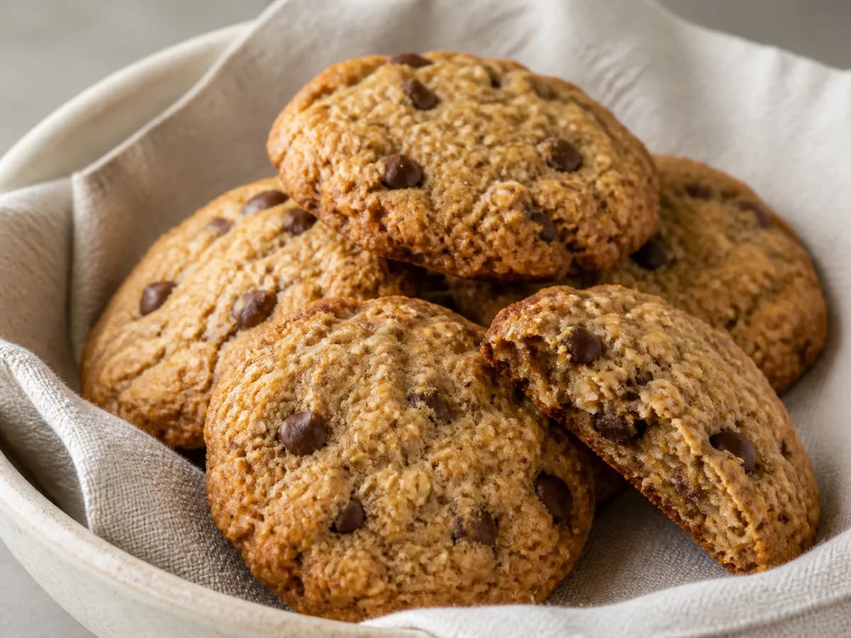 Pormenor de uma porção de Bolachas de Aveia e Chocolate