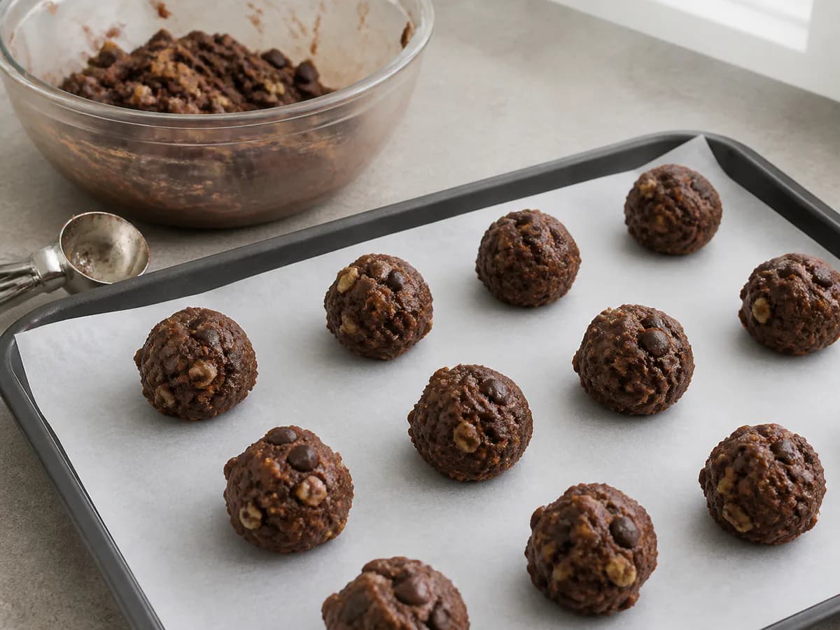 Preparação de Bolachas de Chocolate com Nozes durante a confeção