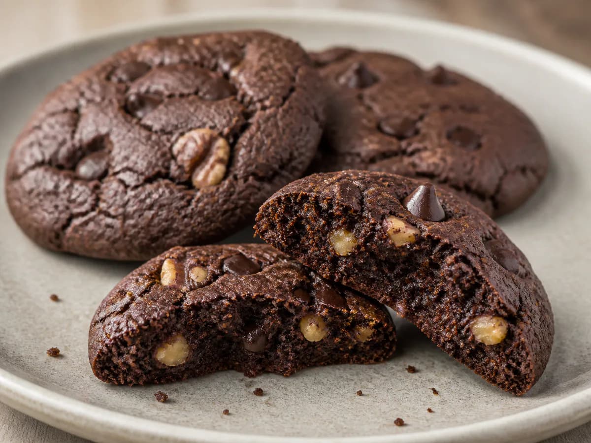 Pormenor de uma porção de Bolachas de Chocolate com Nozes