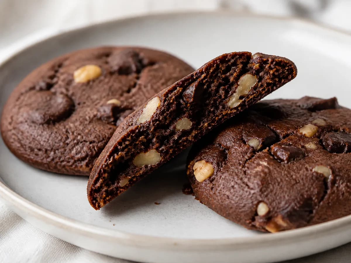 Pormenor de uma porção de Bolachas de Chocolate e Nozes