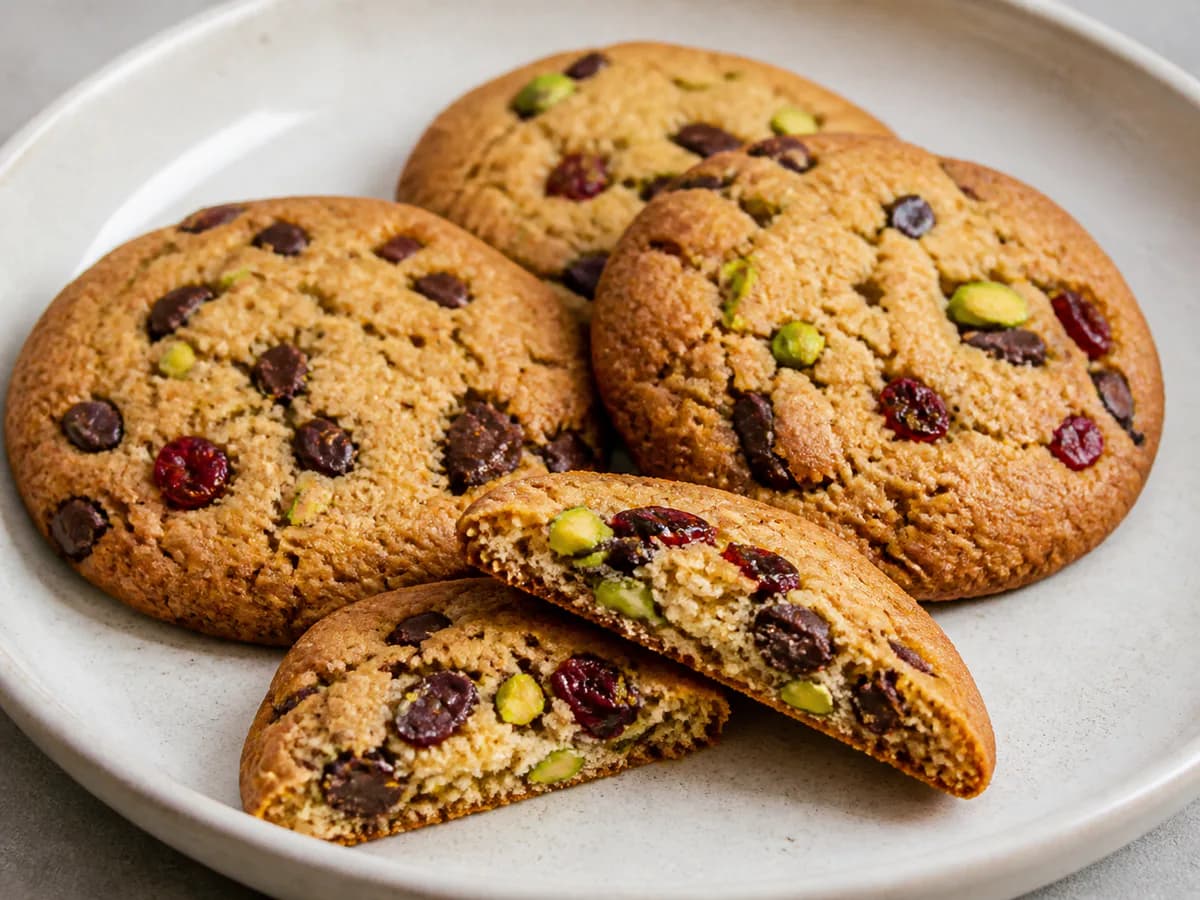 Pormenor de uma porção de Bolachas de Pistácio, Chocolate e Arandos