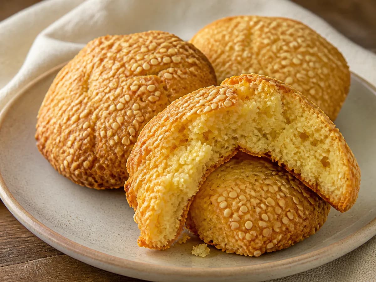 Pormenor de uma porção de Bolinhos de Sésamo com Laranja