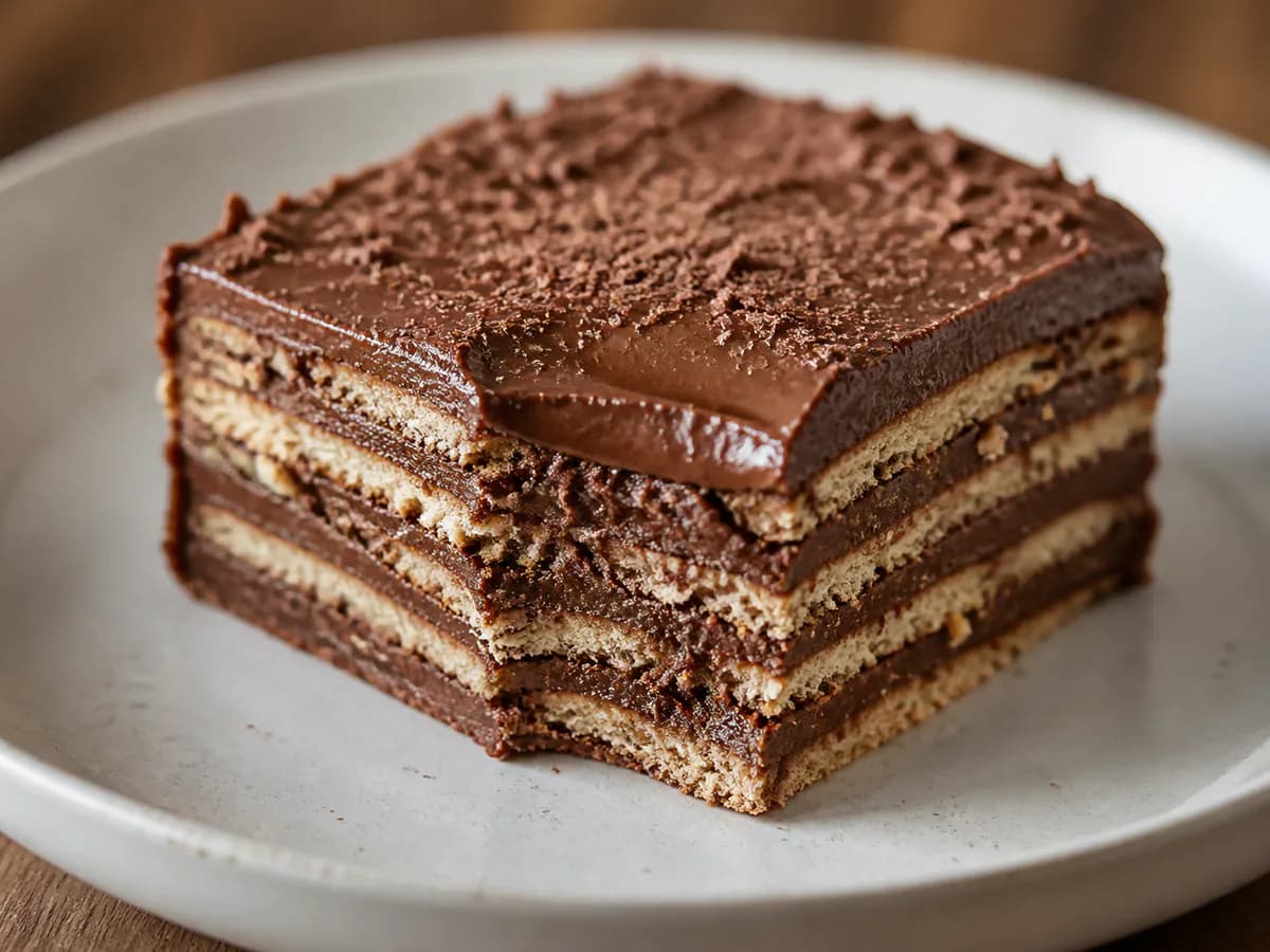 Pormenor de uma porção de Bolo Bolacha com Creme de Chocolate