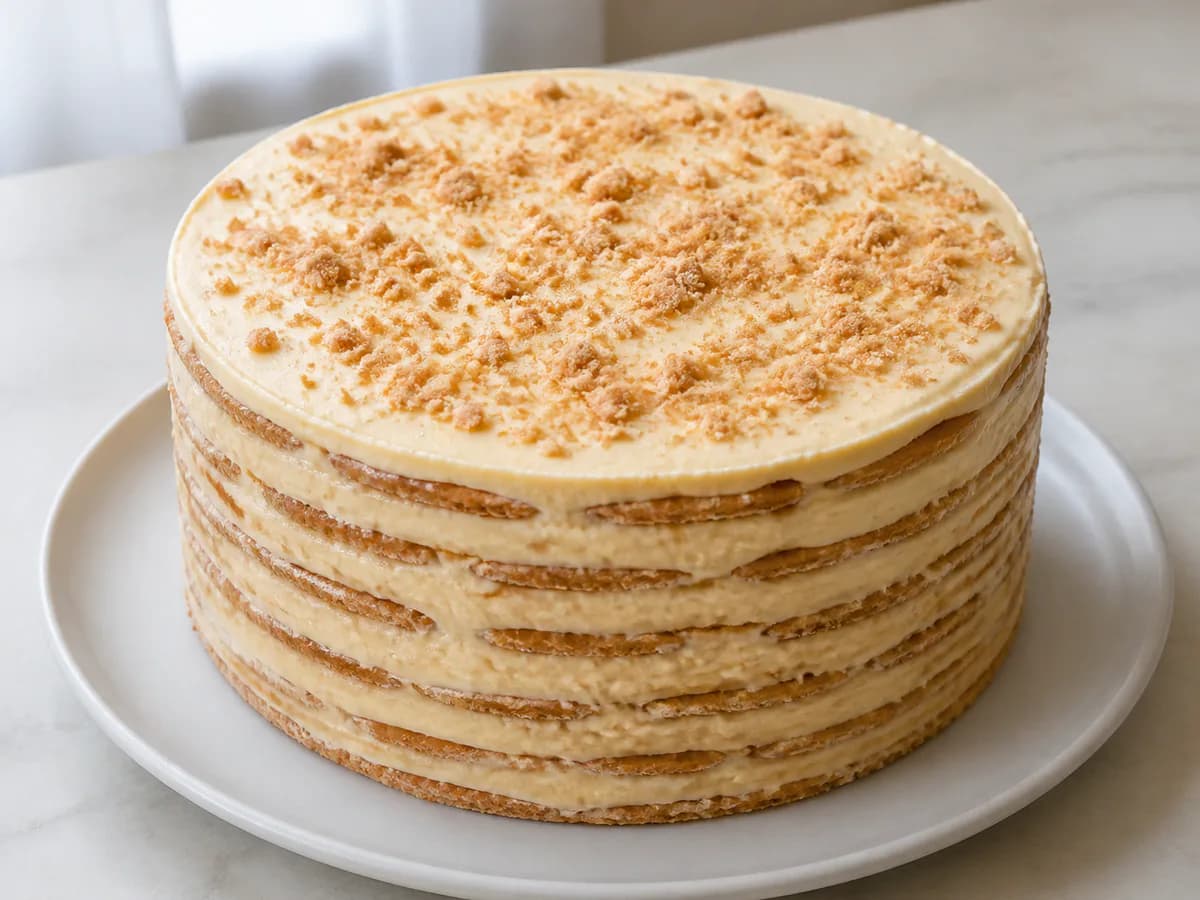 Pormenor de uma porção de Bolo de Bolacha com Creme de Gemas e Leite Condensado