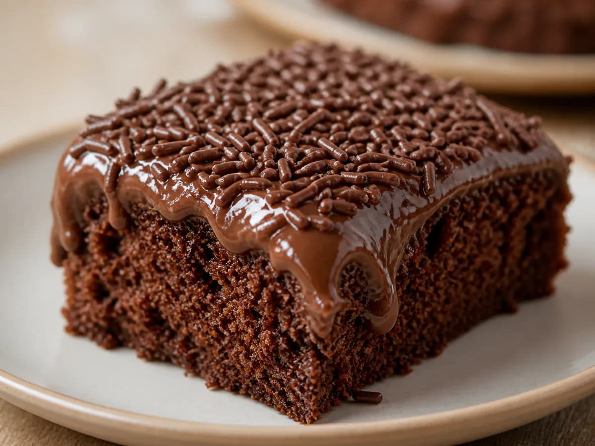 Pormenor de uma porção de Bolo Brigadeiro Divinal