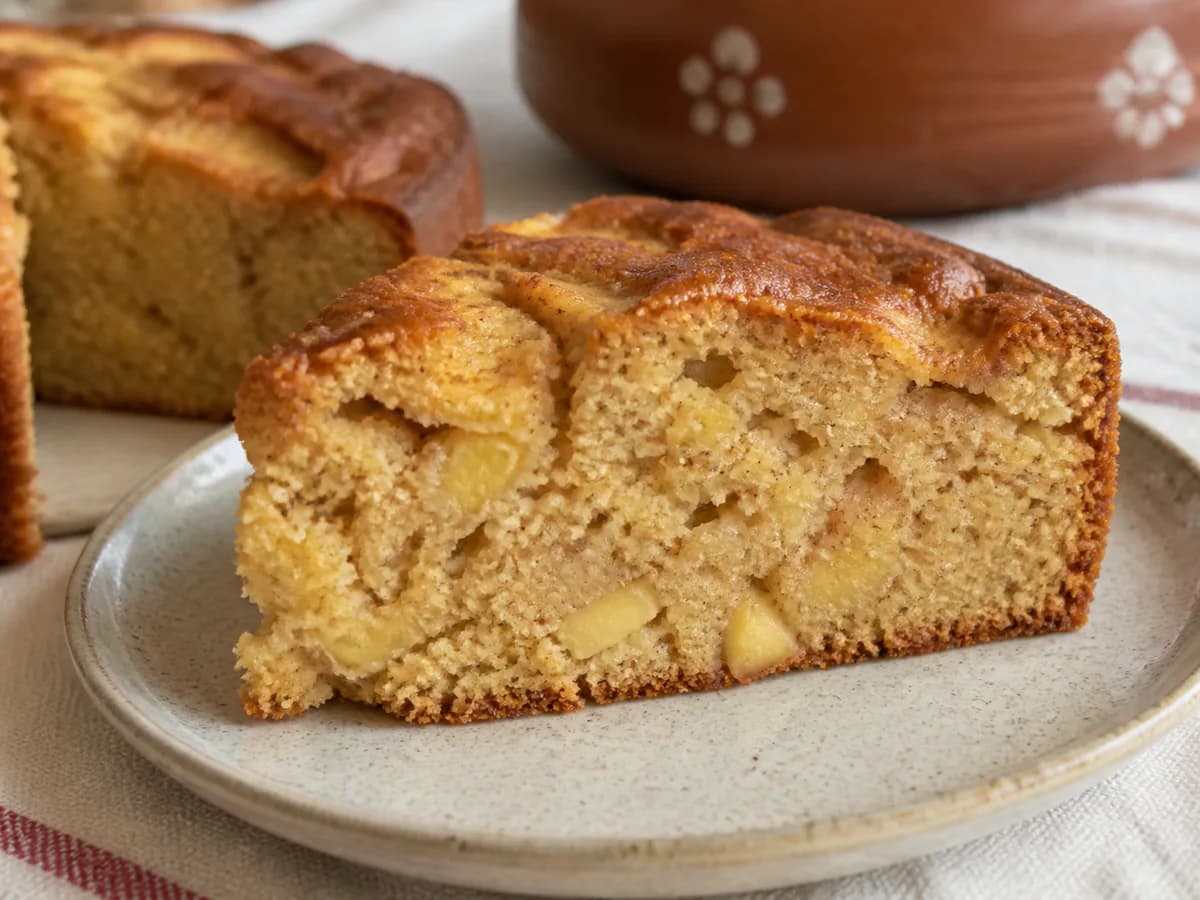 Pormenor de uma porção de Bolo Fofo de Maçã e Canela