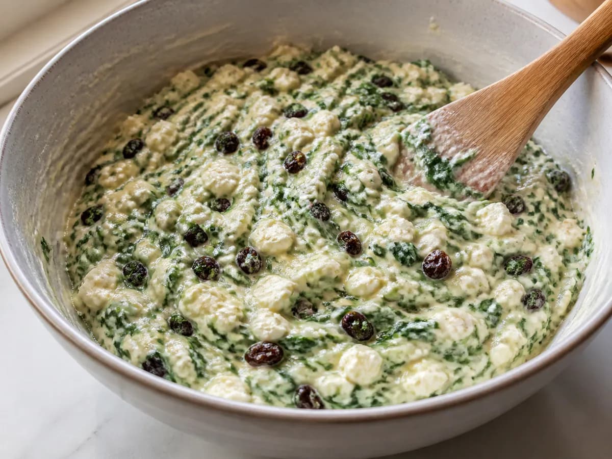 Preparação de Bolo Salgado de Espinafres, Feta e Passas durante a confeção