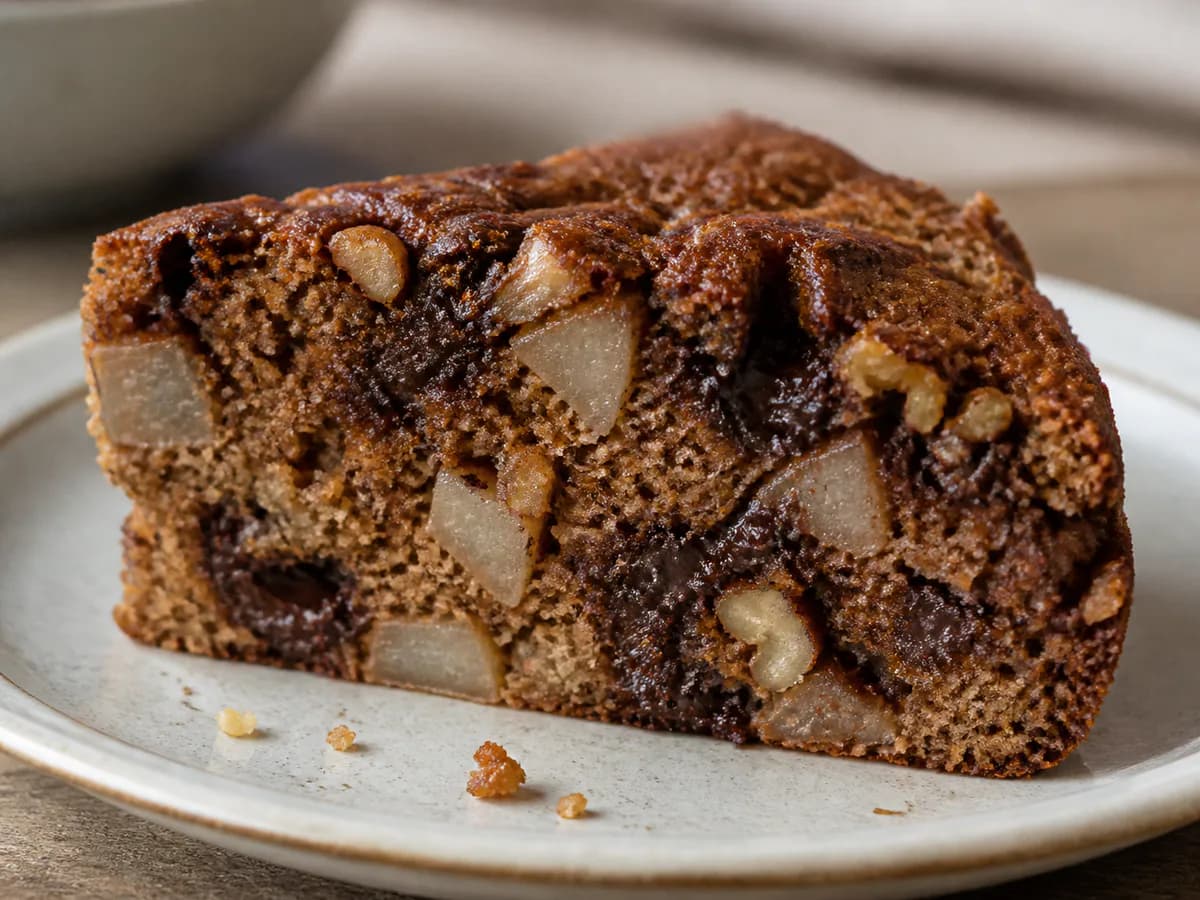 Pormenor de uma porção de Bolo de Castanhas, Nozes e Pêra com Chocolate