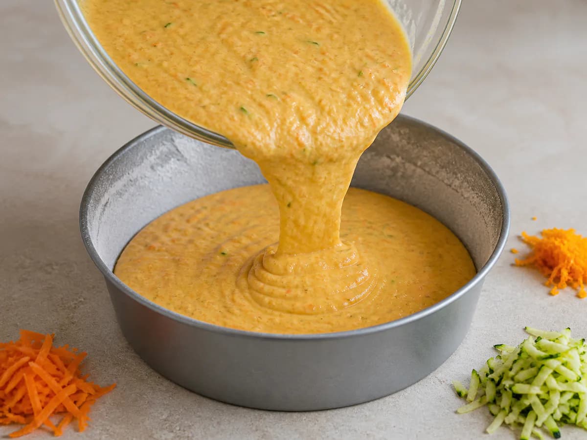 Preparação de Bolo de Cenoura, Curgete e Laranja com Cobertura de Chocolate durante a confeção