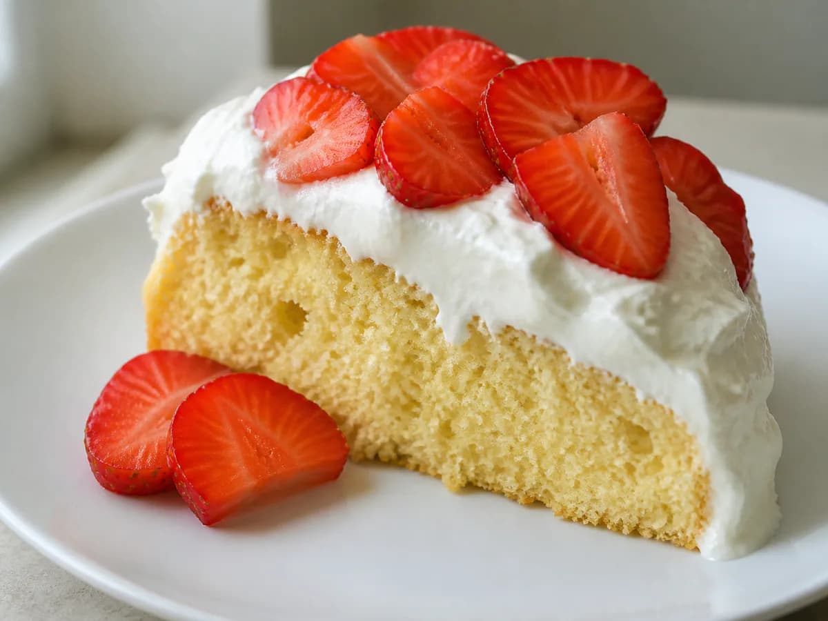 Pormenor de uma porção de Bolo Espetacular com Chantilly e Morangos Frescos