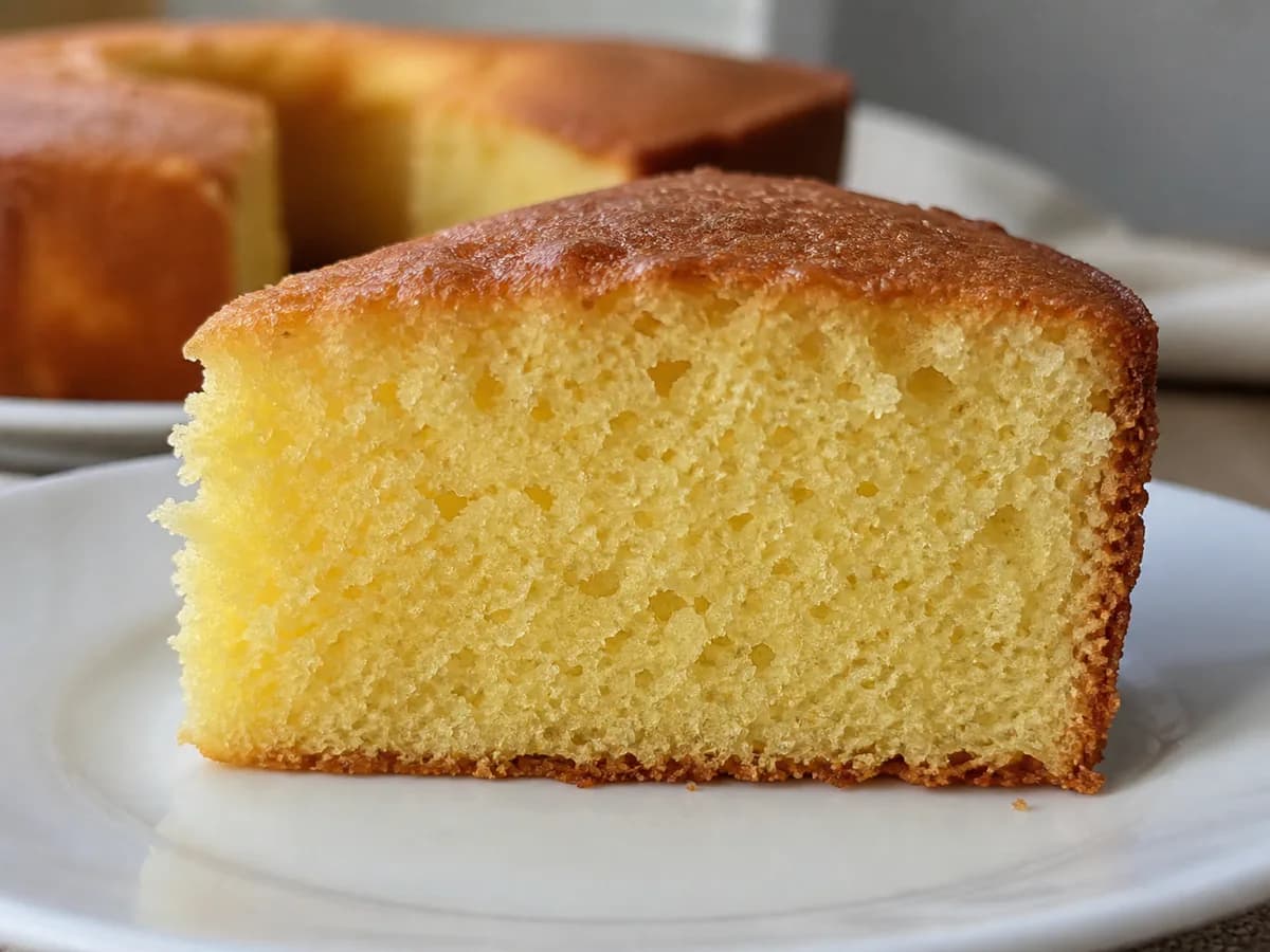 Pormenor de uma porção de Bolo Fofo de Limão com Óleo e Leite