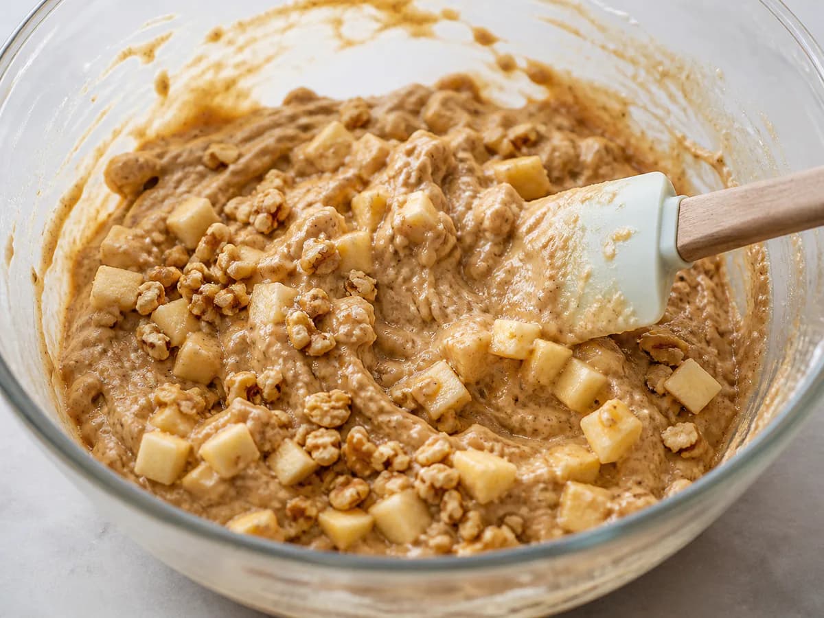 Preparação de Bolo das Colheres com Maçã durante a confeção