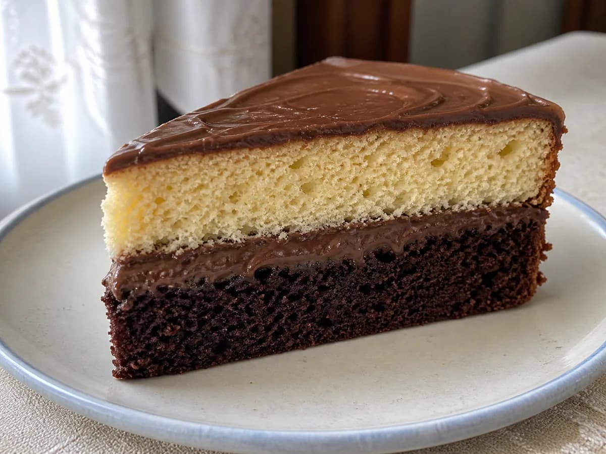 Pormenor de uma porção de Bolo de Duas Camadas com Chocolate e Baunilha