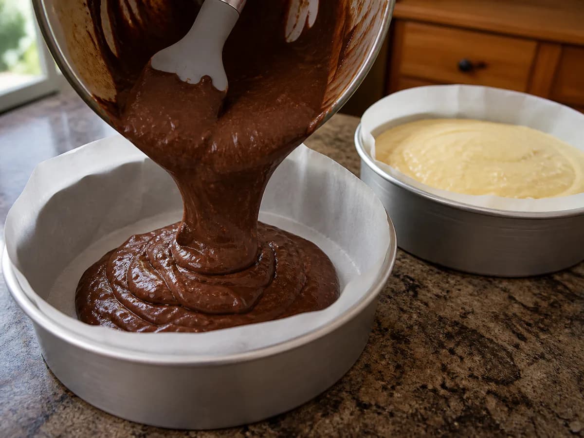 Preparação de Bolo de Duas Camadas com Chocolate e Baunilha durante a confeção