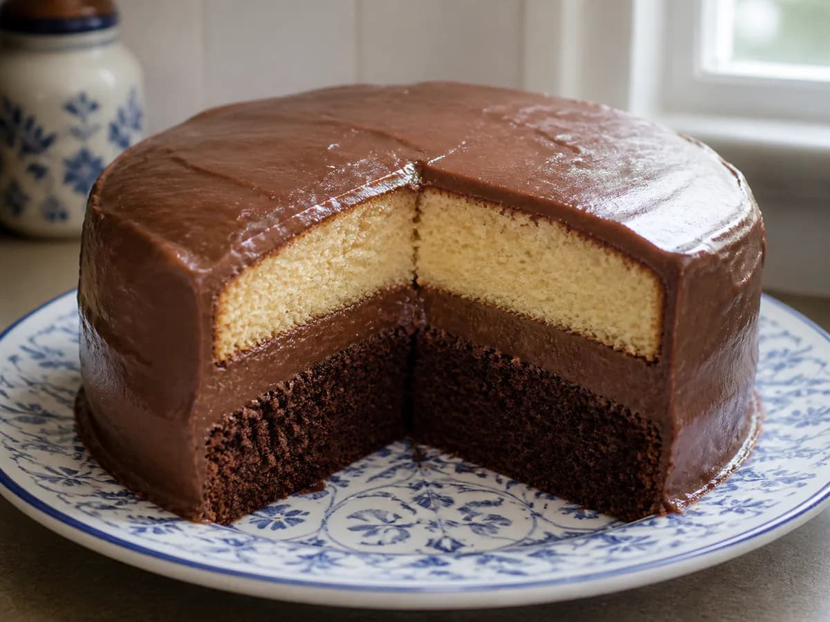 Bolo de Duas Camadas com Chocolate e Baunilha