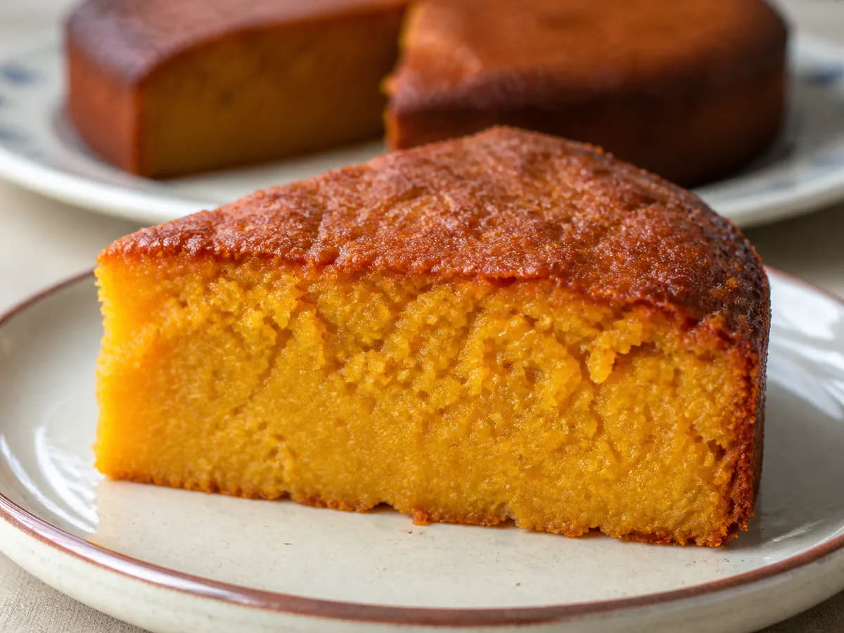 Pormenor de uma porção de Bolo de Abóbora Cremoso