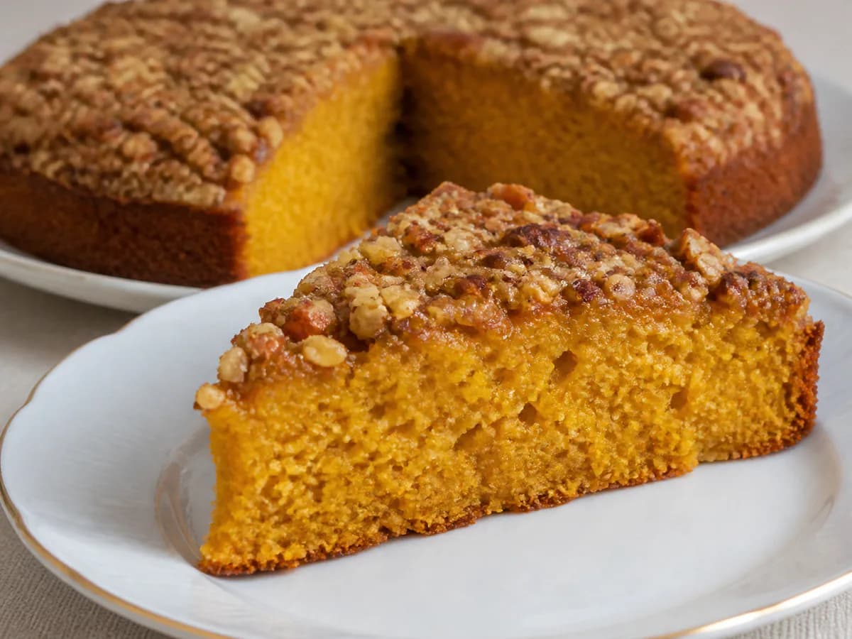 Pormenor de uma porção de Bolo de Abóbora com Cobertura de Frutos Secos