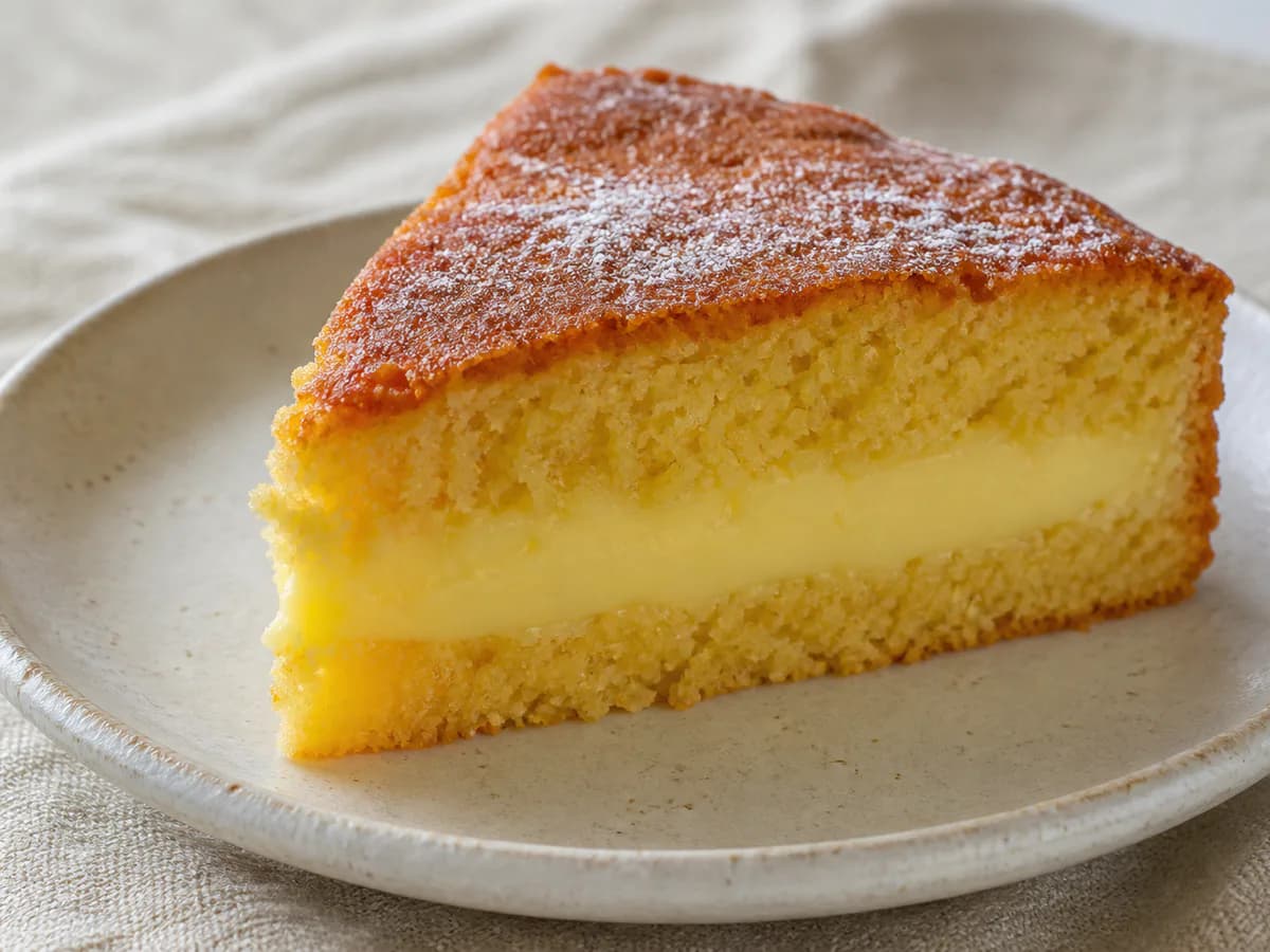 Pormenor de uma porção de Bolo de Amêndoa com Creme Pasteleiro
