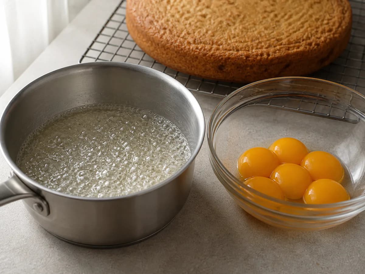 Preparação de Bolo de Amêndoa com Ovos Moles durante a confeção