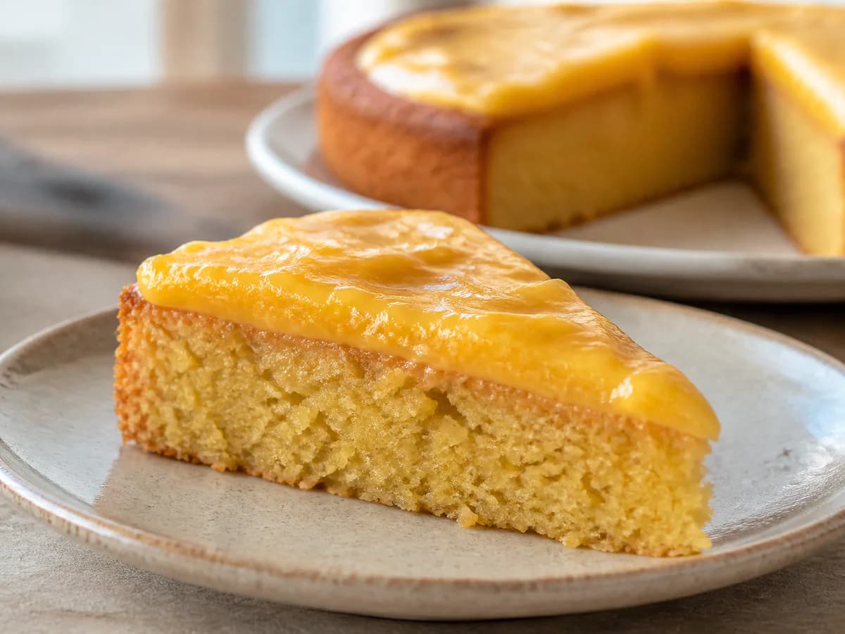 Pormenor de uma porção de Bolo de Amêndoa com Ovos Moles