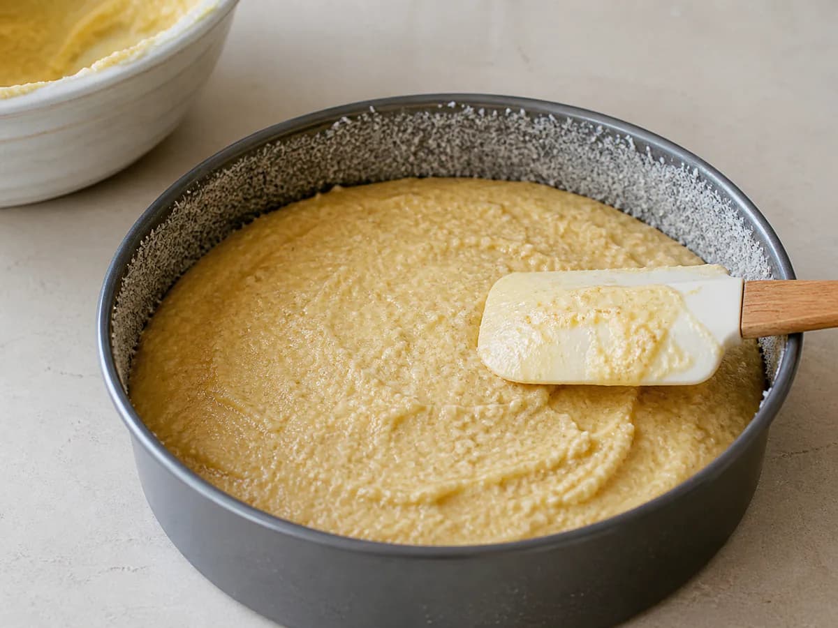 Preparação de Bolo de Amêndoa e Coco Sem Trigo durante a confeção