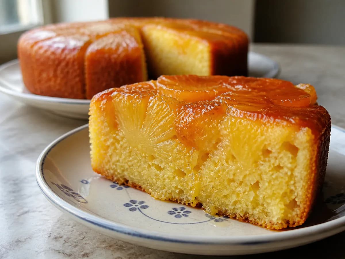 Pormenor de uma porção de Bolo de Ananás com Caramelo
