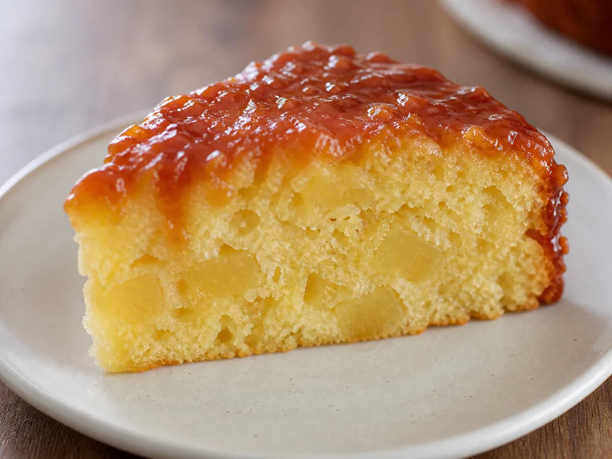 Pormenor de uma porção de Bolo de Ananás e Caramelo
