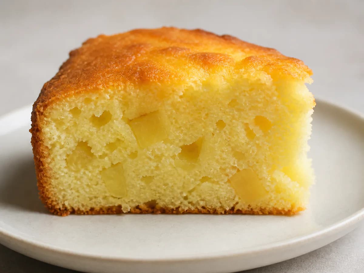 Pormenor de uma porção de Bolo de Ananás e Iogurte com Sumo