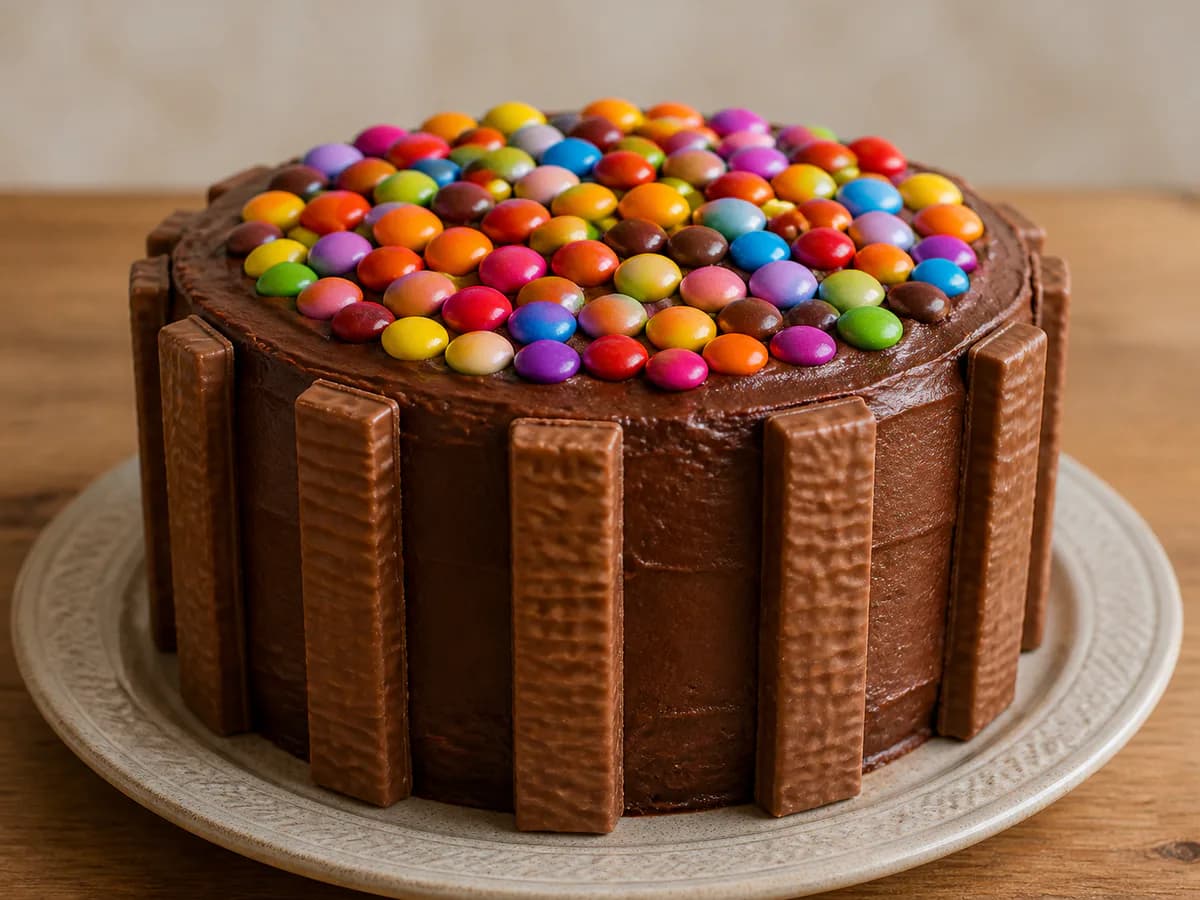 Bolo de Aniversário de Chocolate com Kit Kat e M&M's
