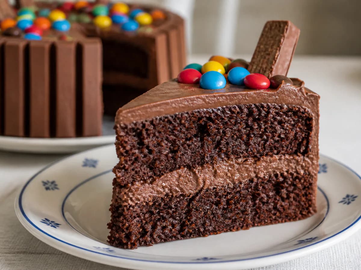Pormenor de uma porção de Bolo de Aniversário de Chocolate com Kit Kat e M&M's