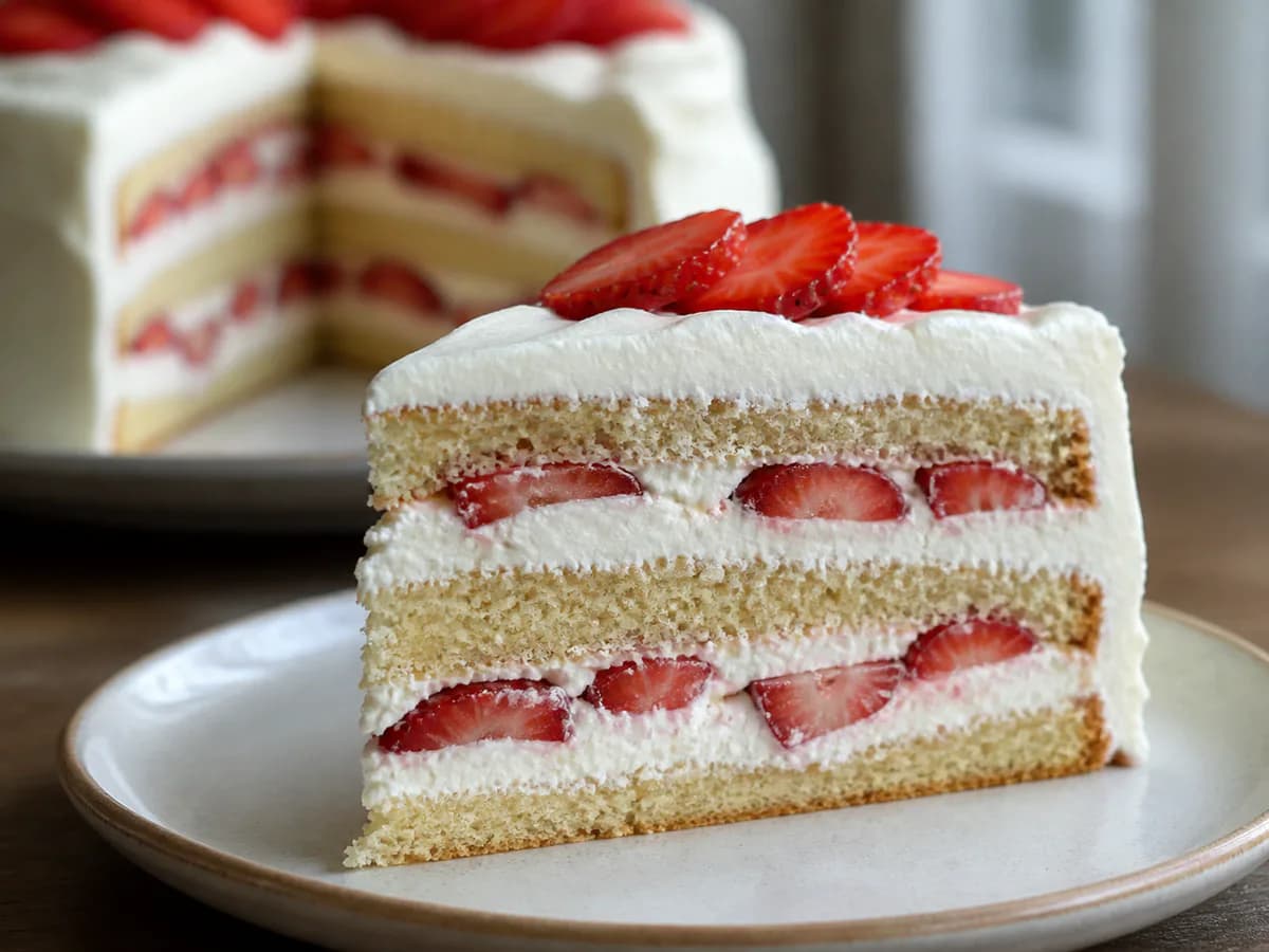 Pormenor de uma porção de Bolo de Aniversário de Morangos e Chantilly