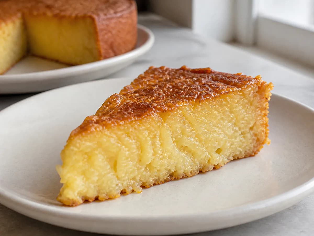 Pormenor de uma porção de Bolo de Arroz Cozido com Limão