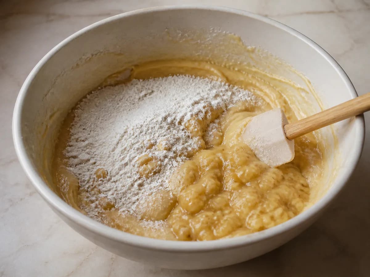 Preparação de Bolo de Banana Suculento durante a confeção