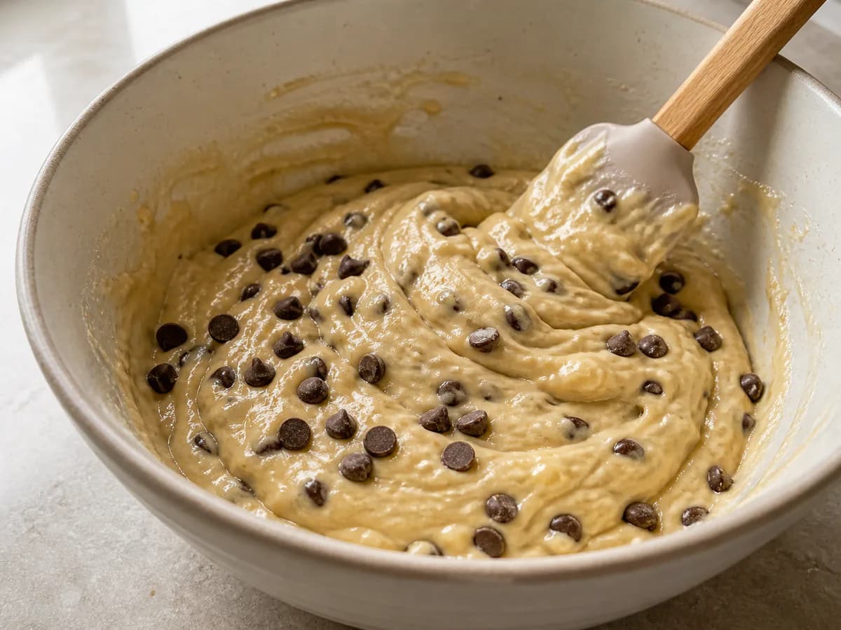 Preparação de Bolo de Banana com Chocolate durante a confeção
