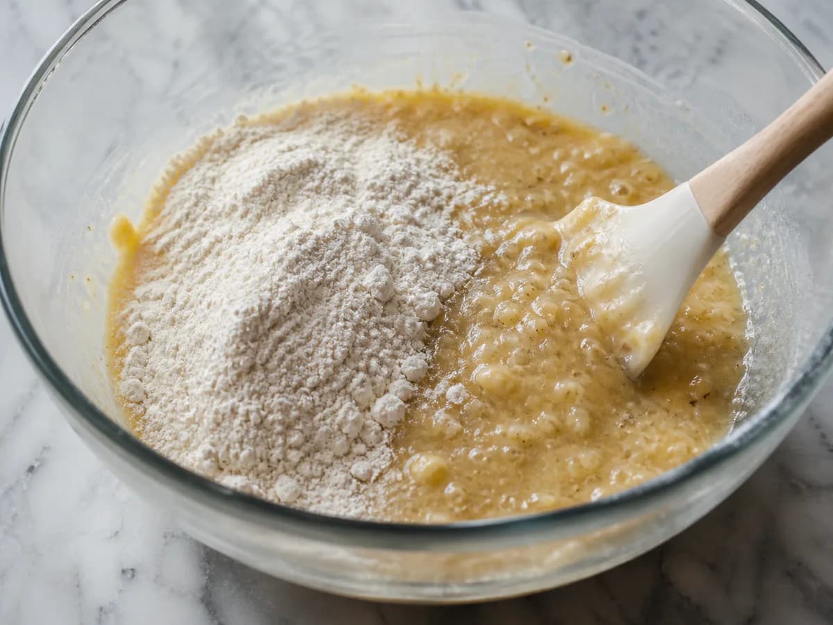Preparação de Bolo de Banana com Pepitas de Chocolate durante a confeção