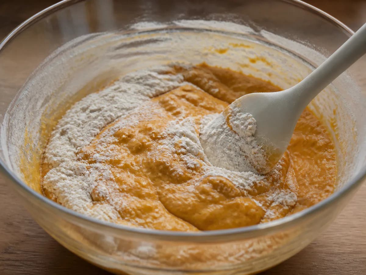 Preparação de Bolo de Batata Doce e Laranja durante a confeção