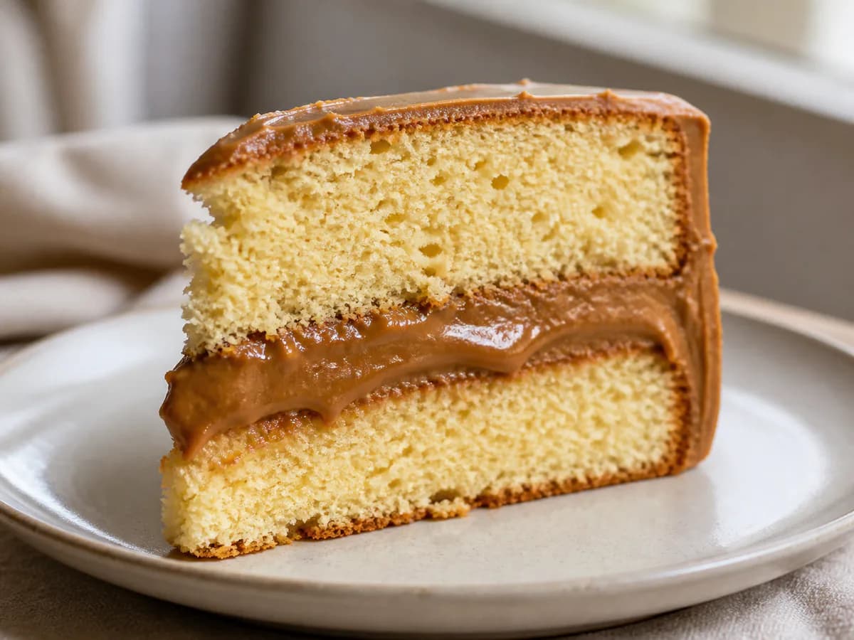 Pormenor de uma porção de Bolo de Baunilha com Recheio Cremoso de Doce de Leite