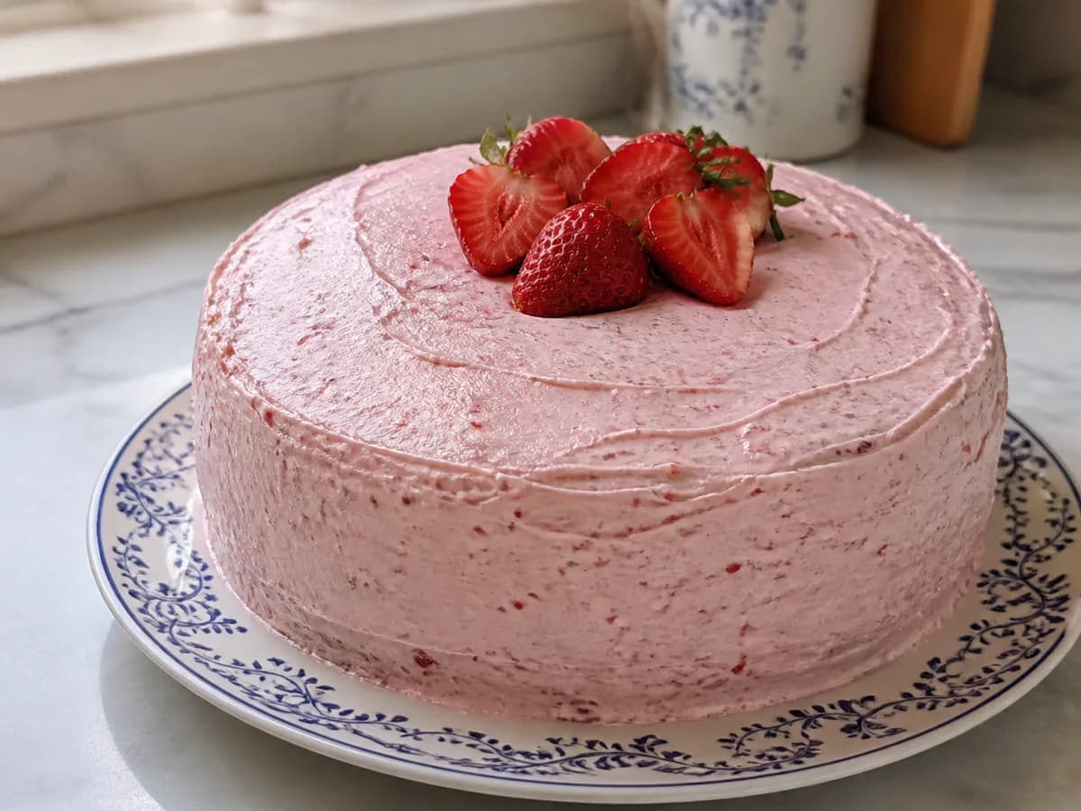 Bolo de Baunilha com Recheio e Cobertura de Morango
