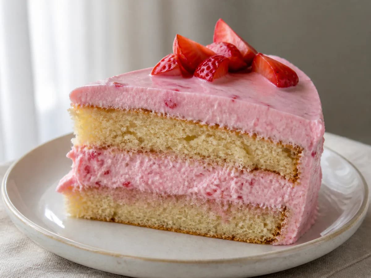 Pormenor de uma porção de Bolo de Baunilha com Recheio e Cobertura de Morango
