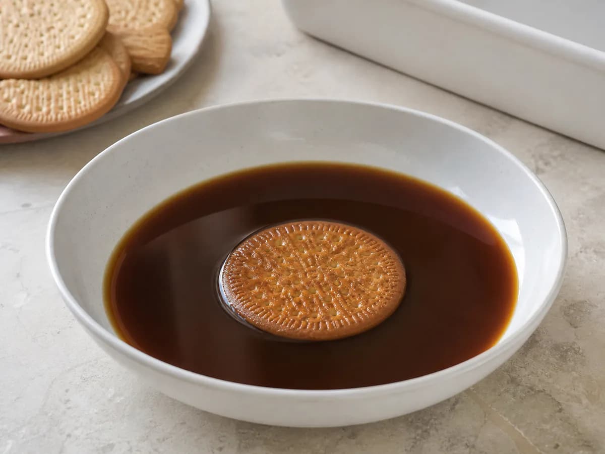 Preparação de Bolo de Bolacha com Cobertura de Caramelo durante a confeção