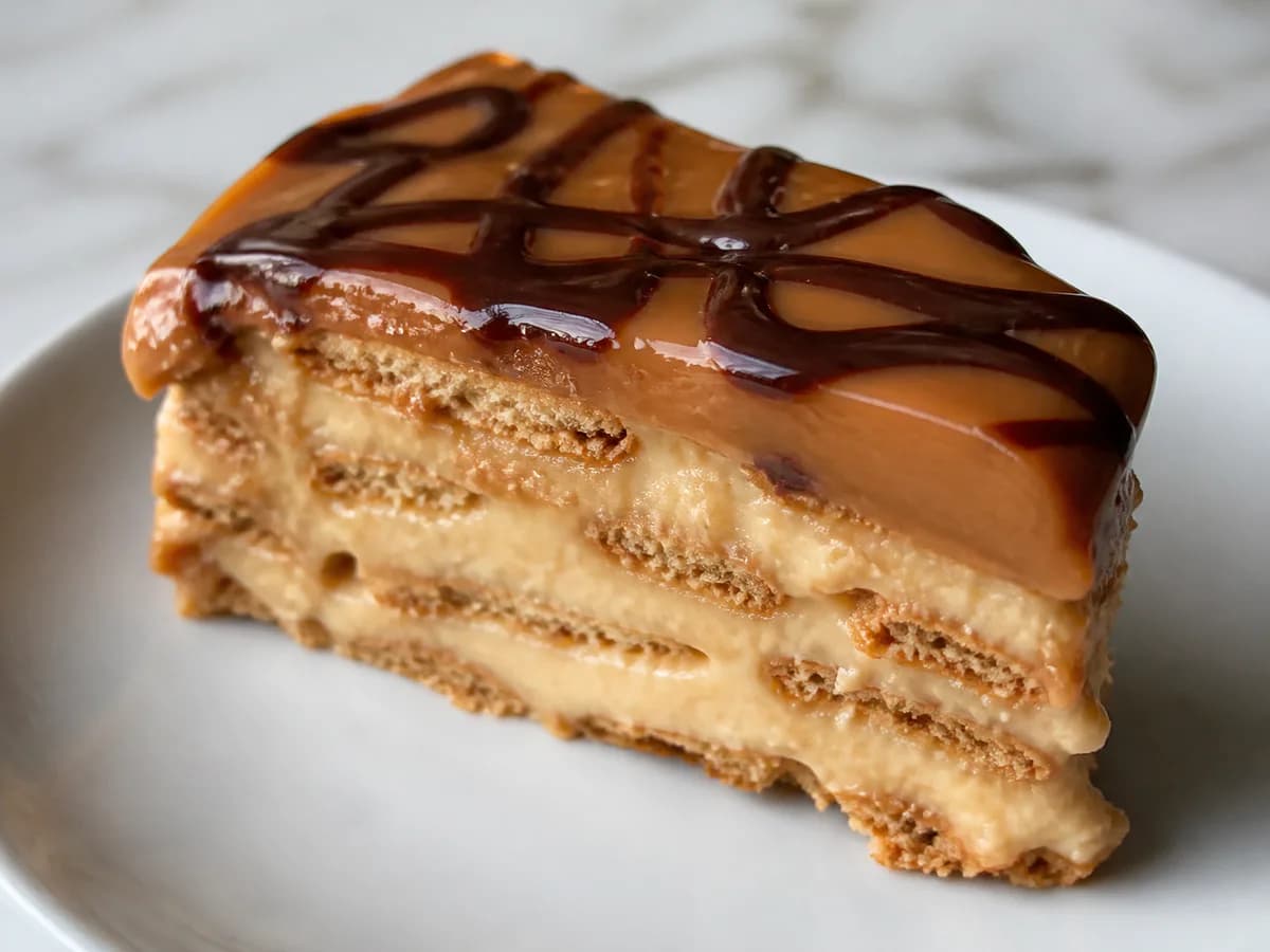 Pormenor de uma porção de Bolo de Bolacha com Cobertura de Caramelo