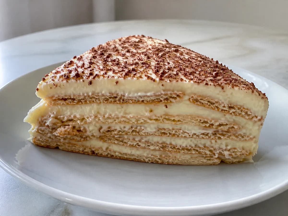 Pormenor de uma porção de Bolo de Bolacha Cremoso com Natas