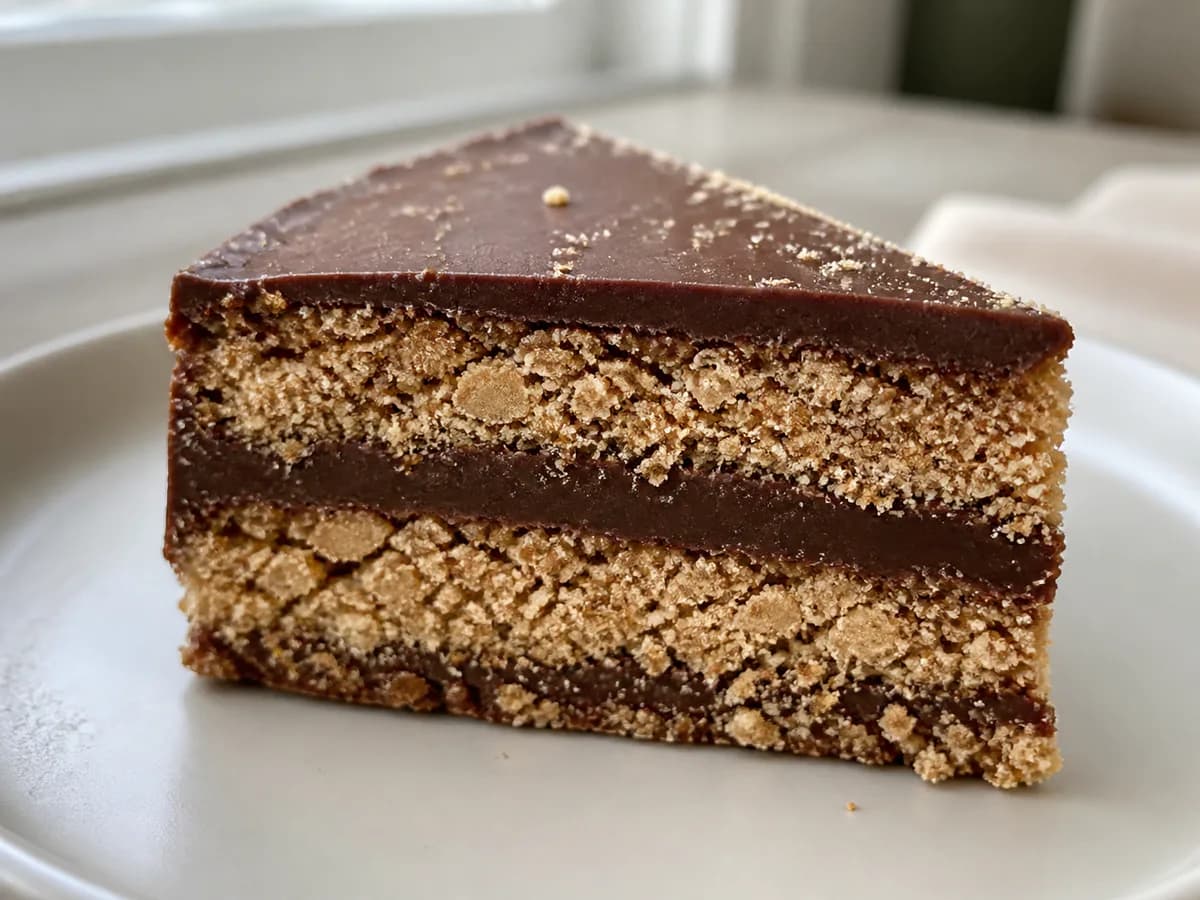 Pormenor de uma porção de Bolo de Bolacha Cremoso de Baunilha e Chocolate